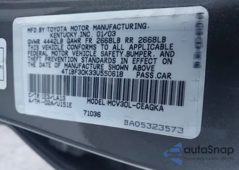 2003 Toyota Camry Xle V6 из США, поврежденный, VIN 4T1BF30K33U550618